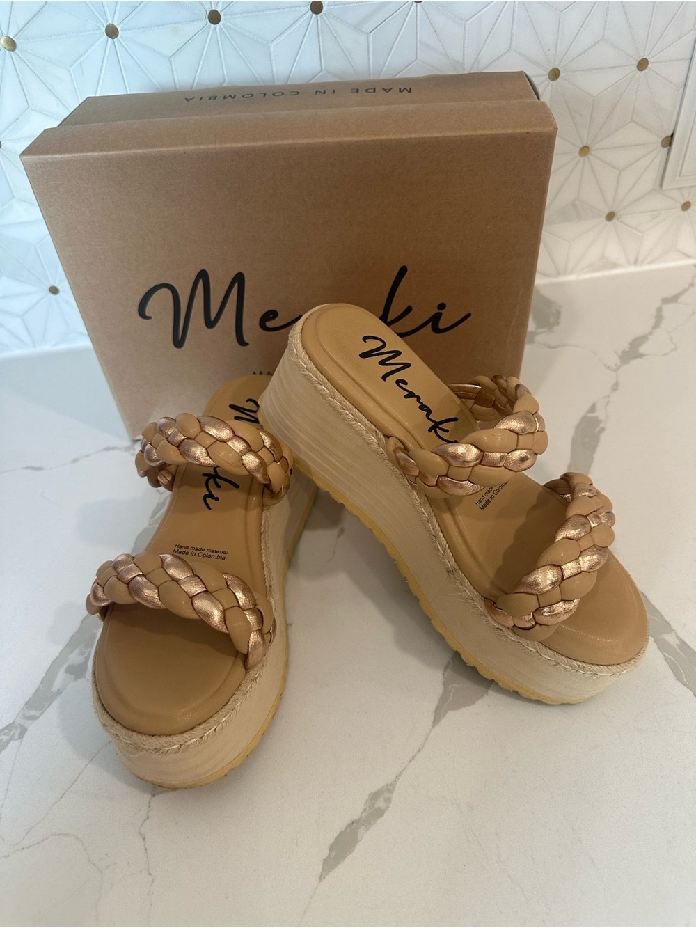 meraki Braided Platform Wedge Sandals in Metallic Tan